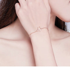 Sterling Silver Cat And Heart Bangle Bracelet - Silver & Rose Gold