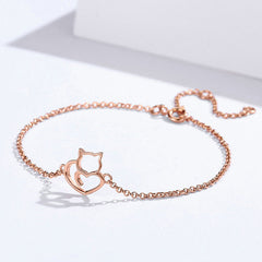 Sterling Silver Cat And Heart Bangle Bracelet - Silver & Rose Gold