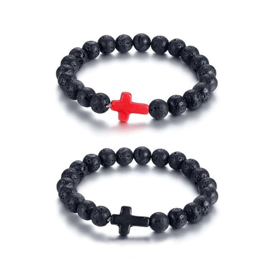 Lava Stone Black Red Cross Charm Bracelets