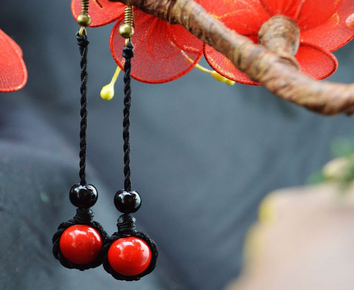 Simple Ethnic Black Rope and Red Bead Earrings