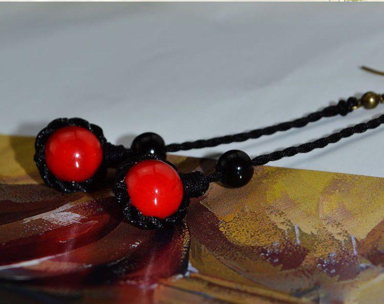 Ethnic Black Rope and Red Bead Earrings